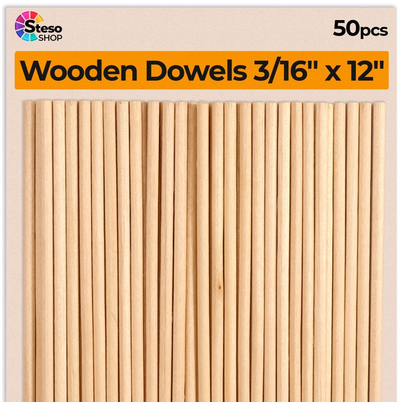StesoSHOP Wooden Dowel Rods for Craft 3/16 x 12 inch - 50 pcs Sturdy Dowels Wood - Craft Supplies Sticks for Centerpieces - Model Building Wedding Ribbon Wands 3/16 - Image 1